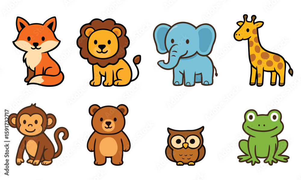 Fototapeta premium set of cartoon animals, A collection of cute and colorful jungle animal icons including a fox, lion, elephant, giraffe, monkey, bear, owl, and frog. Perfect for kids' projects, educational materials, 