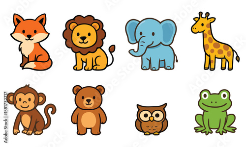set of cartoon animals, A collection of cute and colorful jungle animal icons including a fox, lion, elephant, giraffe, monkey, bear, owl, and frog. Perfect for kids' projects, educational materials, 