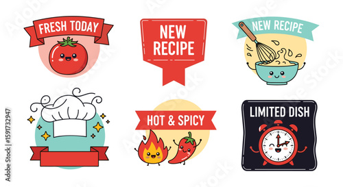 A charming collection of playful vector badges featuring adorable food characters and cooking elements, perfect for restaurant menus or recipe designs.