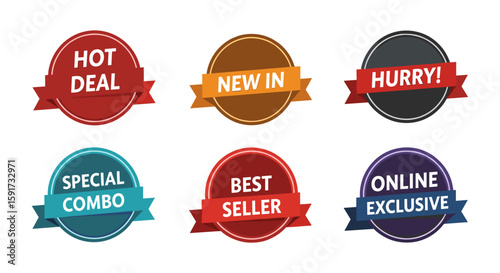 A set of six vibrant flat design promotional badges with ribbon banners, showcasing various e-commerce offers and marketing messages.