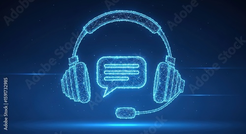 Wireframe headset with a blue speech bubble communicates modern support on a gradient backdrop