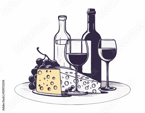 Composition of wine glass, bottle, cheese and grape. Sketch style illustration for poster or invitation to party