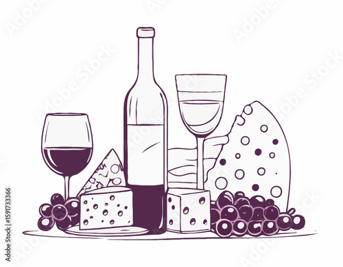 Composition of wine glass, bottle, cheese and grape. Sketch style illustration for poster or invitation to party