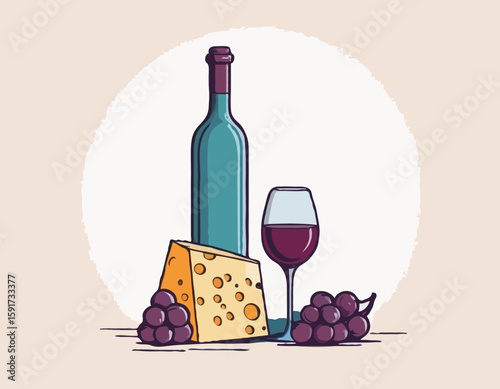 Composition of wine glass, bottle, cheese and grape. Sketch style illustration for poster or invitation to party