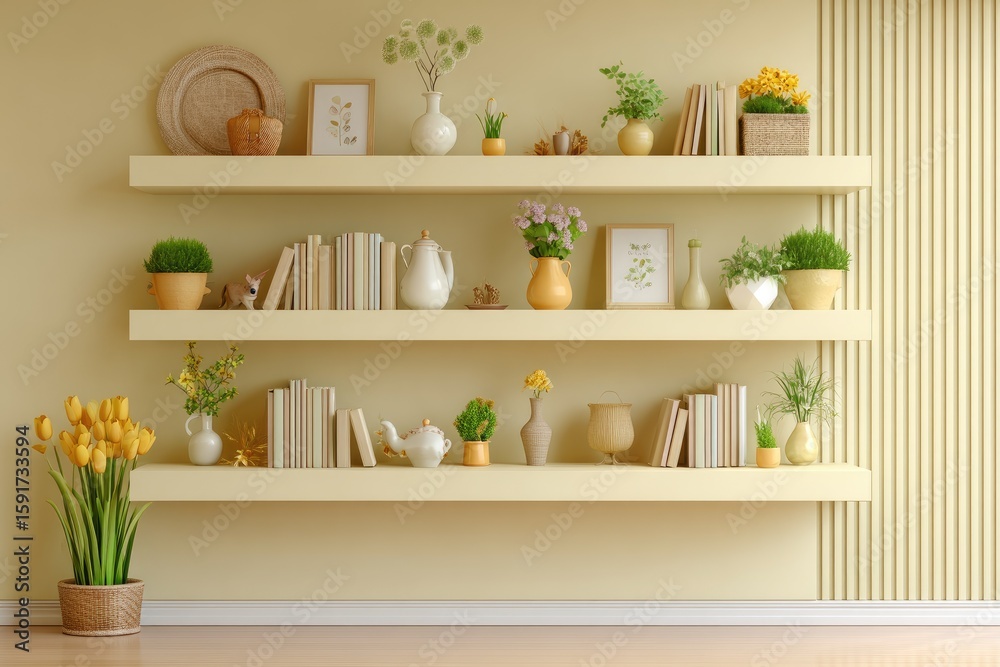 Fototapeta premium Beige shelving unit filled with decor