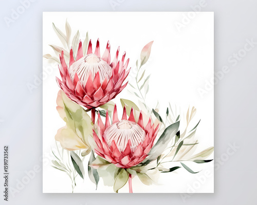 Watercolor invitation design with protea flowers. Botanic watercolor illustration. Template for wedding. Ready to use Card.