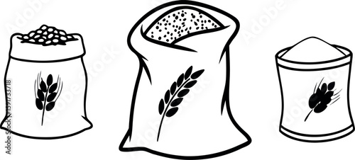 Grain and Flour Sack Vector Set – Hand-Drawn Black and White Farm Storage Bags with Wheat Emblem for Agricultural Packaging Designs