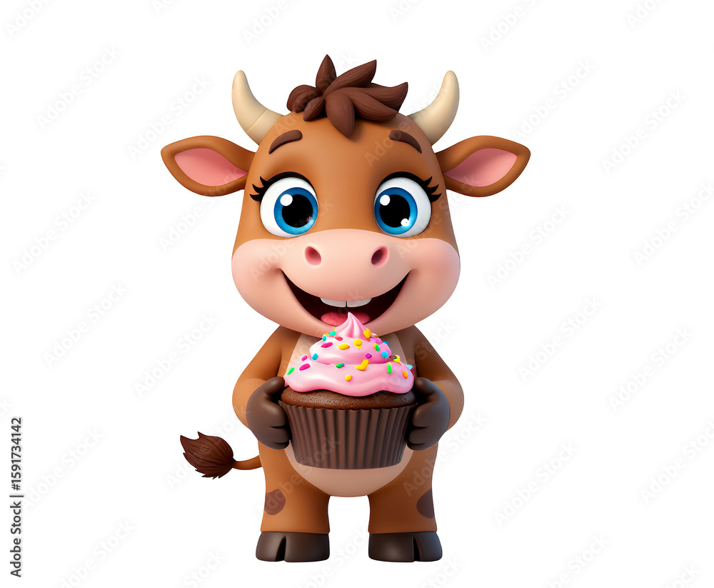 Fototapeta premium Brown Cartoon Cow Holding Cupcake, 3D Realism Illustration with Transparent Background