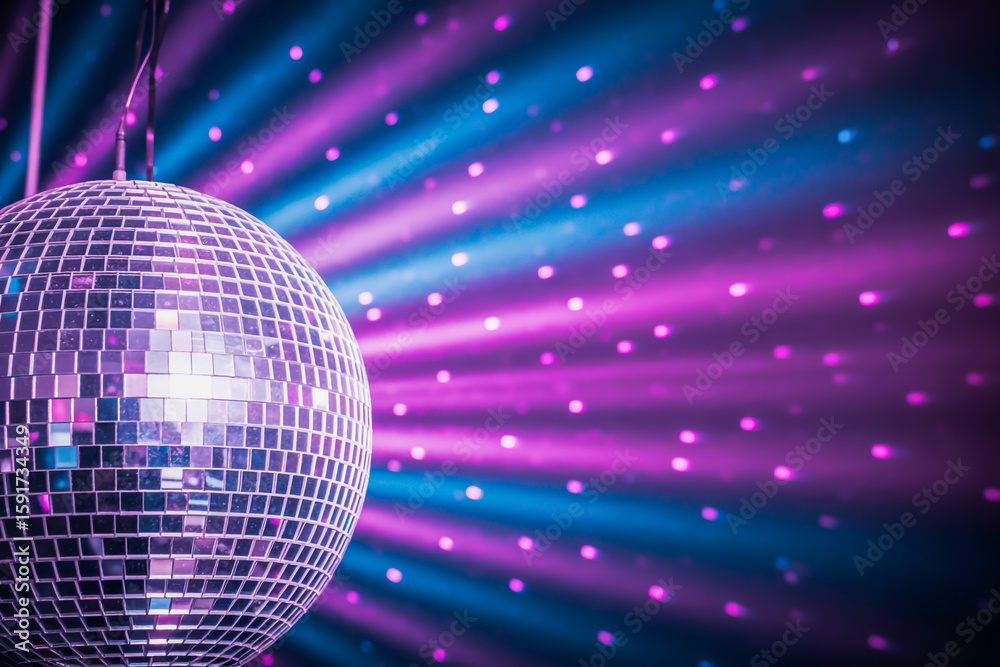 Obraz premium Mirrorball reflecting purple and blue lights disco ball