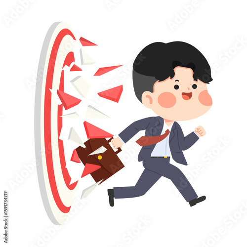 Cartoon Businessman Breaking Through Target Illustration