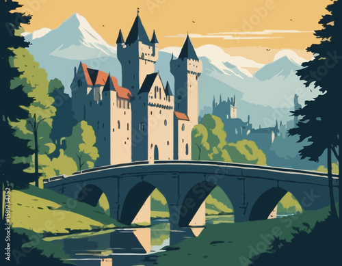 Medieval old gothic castle with a bridge, trees and village in the background. Flat design. Vintage Poster.