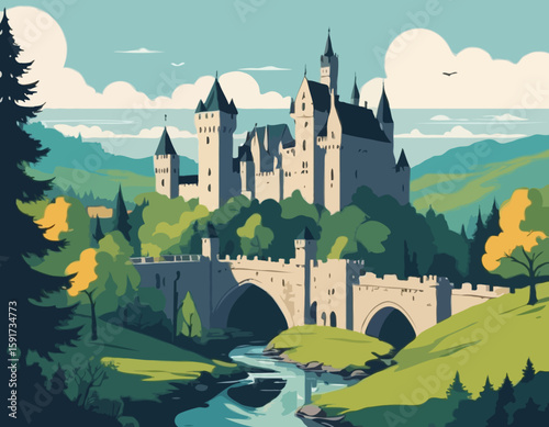 Medieval old gothic castle with a bridge, trees and village in the background. Flat design. Vintage Poster.