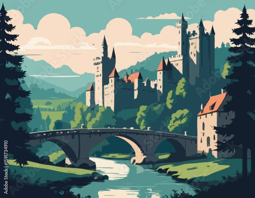 Medieval old gothic castle with a bridge, trees and village in the background. Flat design. Vintage Poster.