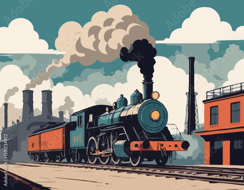 A retro steam locomotive in a smoke clouds moves quickly against the backdrop of industrial buildings, railway workshops and depots. Handmade drawing vector illustration. Art deco style