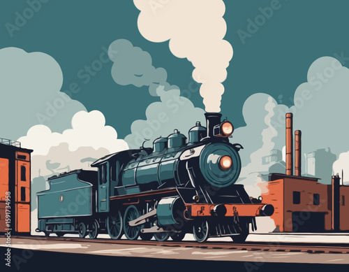 A retro steam locomotive in a smoke clouds moves quickly against the backdrop of industrial buildings, railway workshops and depots. Handmade drawing vector illustration. Art deco style