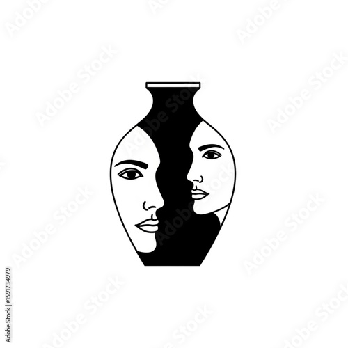 Vase and Two Faces Optical Illusion Vector Icon | Minimalist Line Art of Changing Perspectives

