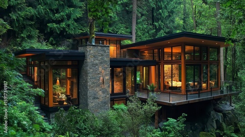 Modern house nestled in lush forest at dusk, showcasing large windows, stone fireplace, and wooden accents.