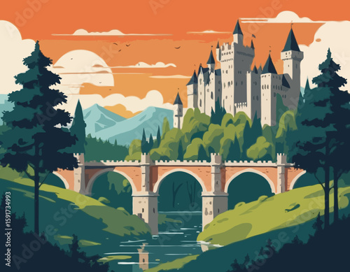 Medieval old gothic castle with a bridge, trees and village in the background. Flat design. Vintage Poster.