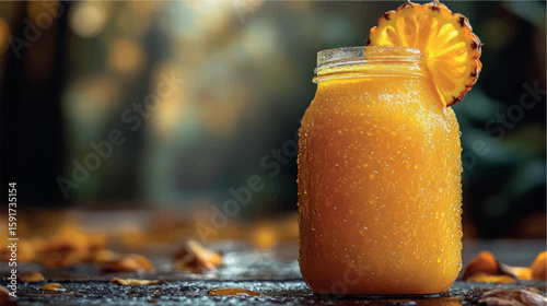 Pineapple isolate close-up. Orange juice. Pineapple banner. Pineapple slices. Tropical fruit.	