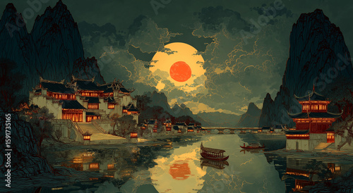A Chinese-style scene, with a red moon in the sky over mountains and water