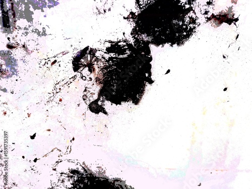 Black ink-like splatters and grunge textures against a predominantly white background with subtle color shifts.