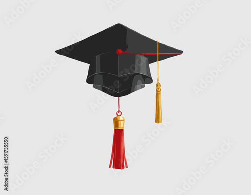 Square academic cap, black graduation hat or mortarboard with golden tassel, for graduates of college, school, university, and rolled diploma with red ribbon. 3d realistic isolated vector illustration