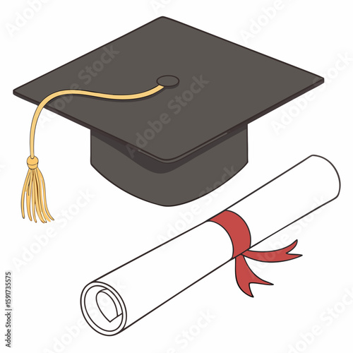 Square academic cap, black graduation hat or mortarboard with golden tassel, for graduates of college, school, university, and rolled diploma with red ribbon. 3d realistic isolated vector illustration