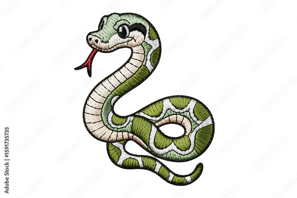 Fototapeta premium Embroidered green snake with red tongue white