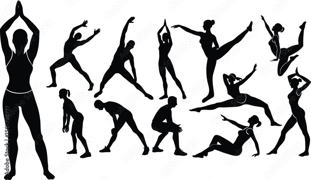 silhouettes of dancing people, Fitness and yoga workout silhouette vector set, active exercise poses, health and wellness clipart collection silhouettes of dancing people, Fitness and yoga workout silhouette vector set, active exercise poses, health and wellness clipart collection
