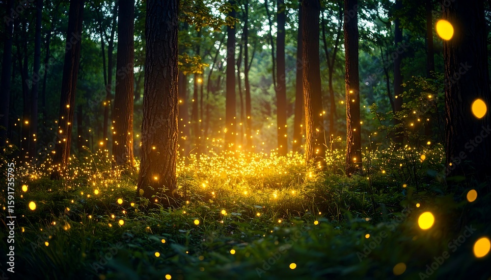 Fototapeta premium Enchanting forest at twilight with glowing fireflies