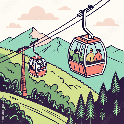 Cableway in mountains. People in cars, cabins of aerial cable lift, rope way on summer holiday. Tourists travel by cablecar of ropeway, looking nature landscapes, panorama. Flat vector illustration st