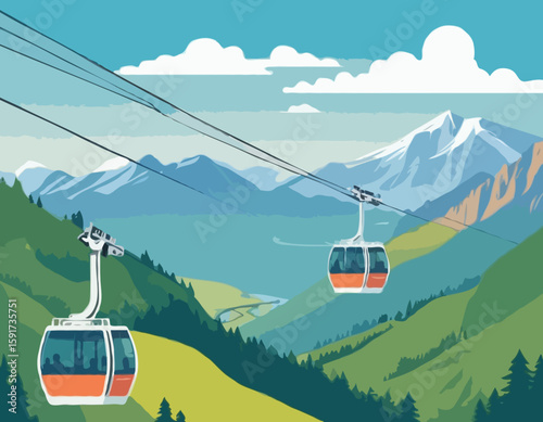 Cableway in mountains. People in cars, cabins of aerial cable lift, rope way on summer holiday. Tourists travel by cablecar of ropeway, looking nature landscapes, panorama. Flat vector illustration st