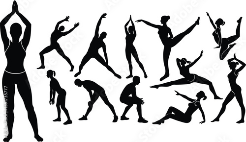 silhouettes of dancing people, Fitness and yoga workout silhouette vector set, active exercise poses, health and wellness clipart collection