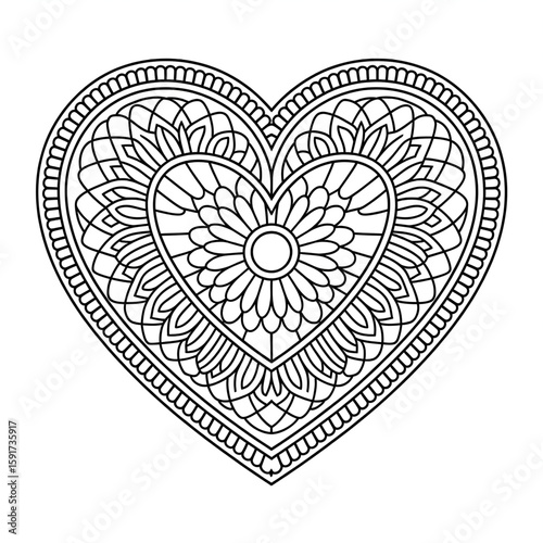 A black and white mandala heart illustration vector style coloring page