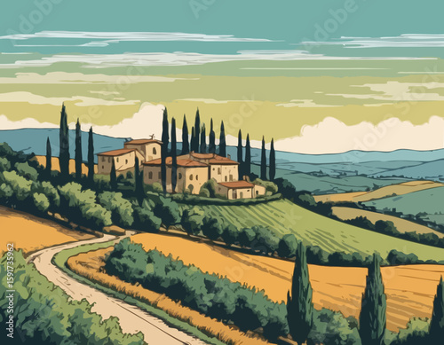 Countryside scenery in Tuscany, Italy. Handmade drawing vector illustration. Vintage style. Engraved old sketch style colorful vector.