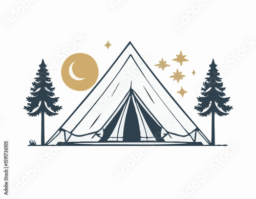 High-quality vector icon of a cozy camping setup with a tent under two symmetrical trees, designed with golden ratio proportions. White background for easy transparency use.