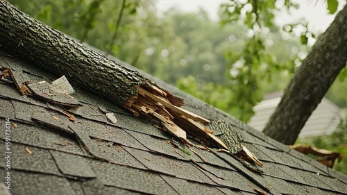 Damaged roof with tree branch