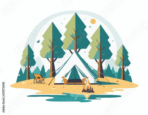 High-quality vector icon of a cozy camping setup with a tent under two symmetrical trees, designed with golden ratio proportions. White background for easy transparency use.