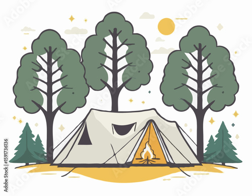 High-quality vector icon of a cozy camping setup with a tent under two symmetrical trees, designed with golden ratio proportions. White background for easy transparency use.
