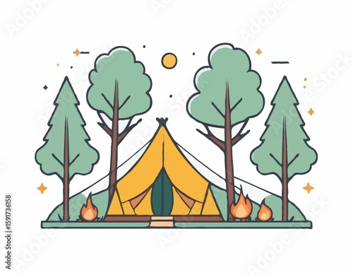 High-quality vector icon of a cozy camping setup with a tent under two symmetrical trees, designed with golden ratio proportions. White background for easy transparency use.