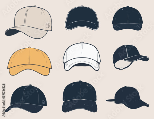 A collection of six stylish cap silhouettes showcasing different designs and angles, perfect for fashion and accessory illustrations