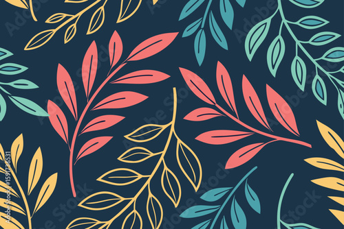 Colorful botanical branches on dark background leaves