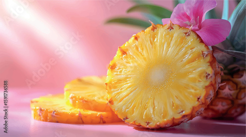 Pineapple isolate close-up. Orange juice. Pineapple banner. Pineapple slices. Tropical fruit.	
