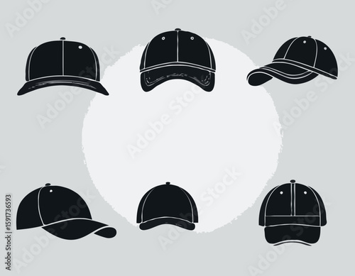 A collection of six stylish cap silhouettes showcasing different designs and angles, perfect for fashion and accessory illustrations