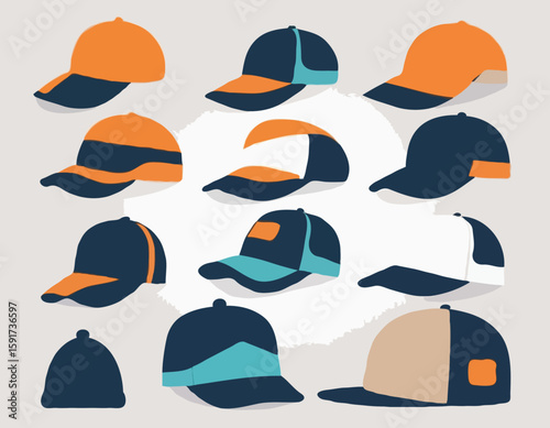 A collection of six stylish cap silhouettes showcasing different designs and angles, perfect for fashion and accessory illustrations