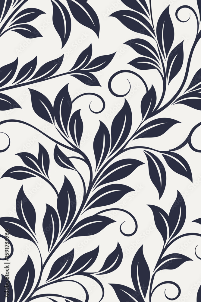 Fototapeta premium Dark blue leaves and curls pattern floral white