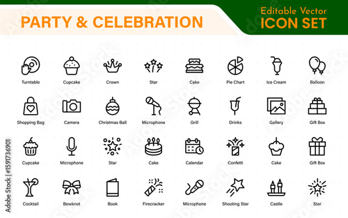 Party, celebration, anniversary elements - thin line web icon set. Outline icons collection.
