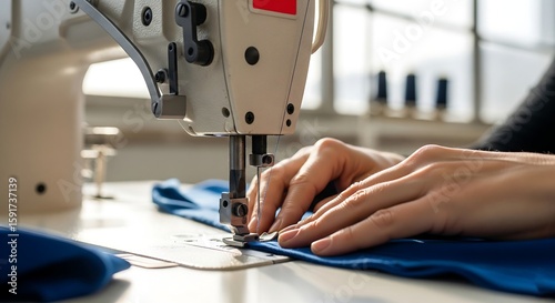 Close up view of a seamstress operating a professional sewing machine creating a garment