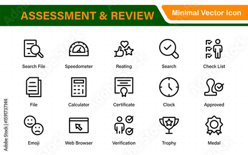 Assessment and review icon pack. Includes rating stars, surveys, feedback forms, and assessment tools.
