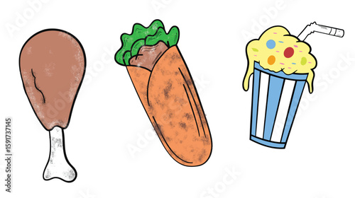 Delicious fast food meal including chicken wrap and milkshake drawing